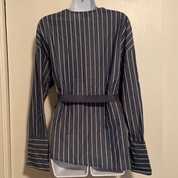 Who What Wear Pinstripe Wrap Around Blouse - Picture 5 of 8